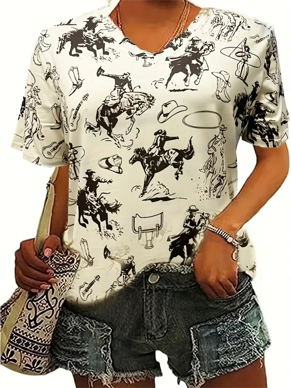 Women's V-Neck Cowboy Print Short Sleeve Pullover Spring Tops Street Beach Style Casual Clothes New 2021
Women's V-Neck Cowboy Print Short Sleeve Pullover Spring Tops Street Beach Style Casual Clothes New 2021