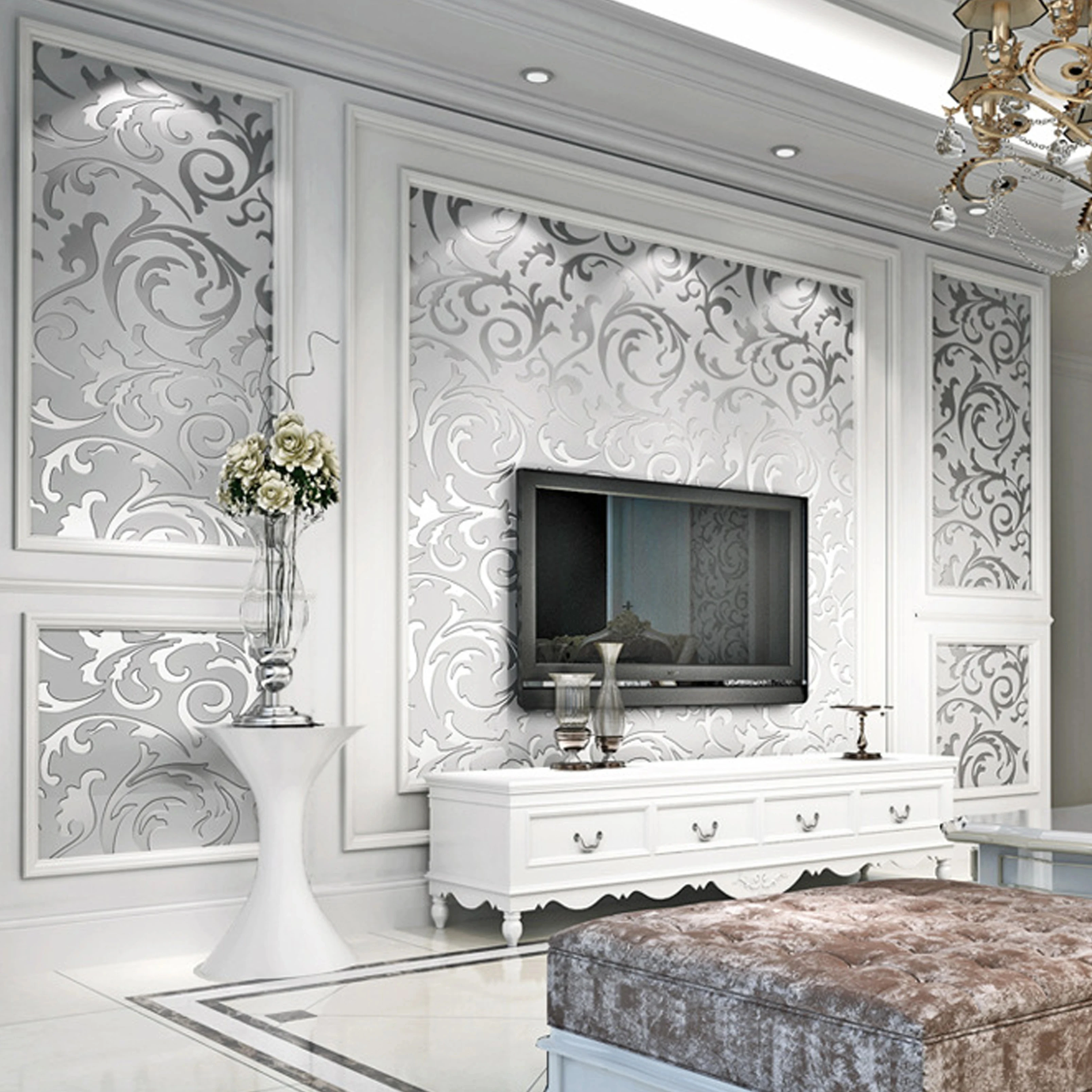 

Grey 3D Victorian Damask Embossed Wallpaper Roll Living Room Bedroom Wall Coverings Silver Floral Luxury Wall Paper Home Decor