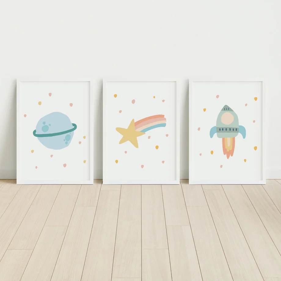 

Cartoon Space Planet Rainbow Rocket Star Wall Art Canvas Painting Nordic Posters And Prints Wall Pictures For Living Room Decor