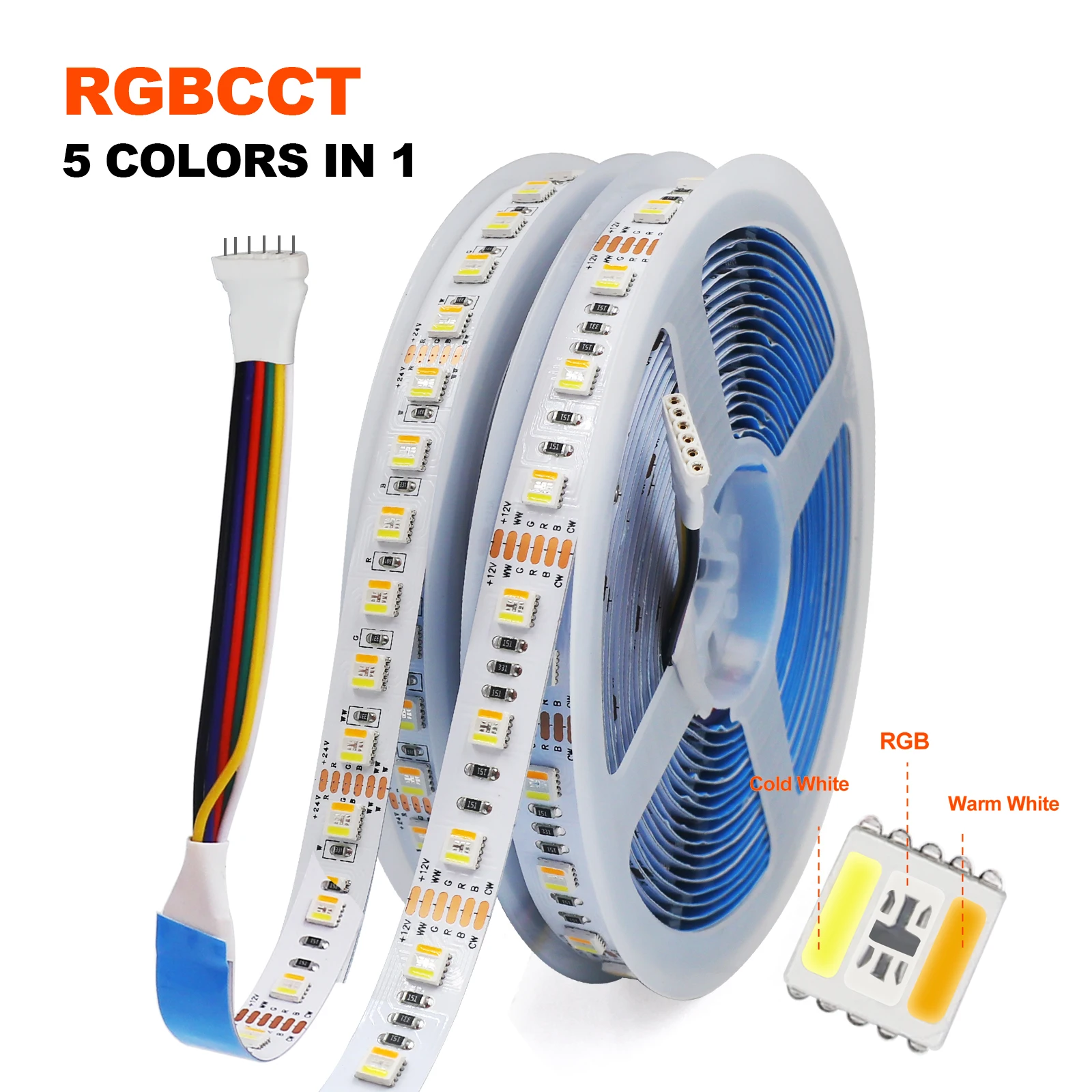 

Светодиодная лента RGBCCT, 12 В, 24 В, 5 м, 5 цветов в 1, чип CW + RGB + WW, 60 светодиодов/м, 96 светодиодов/м, 5050 дюйма, фонарь IP20, IP65, IP67