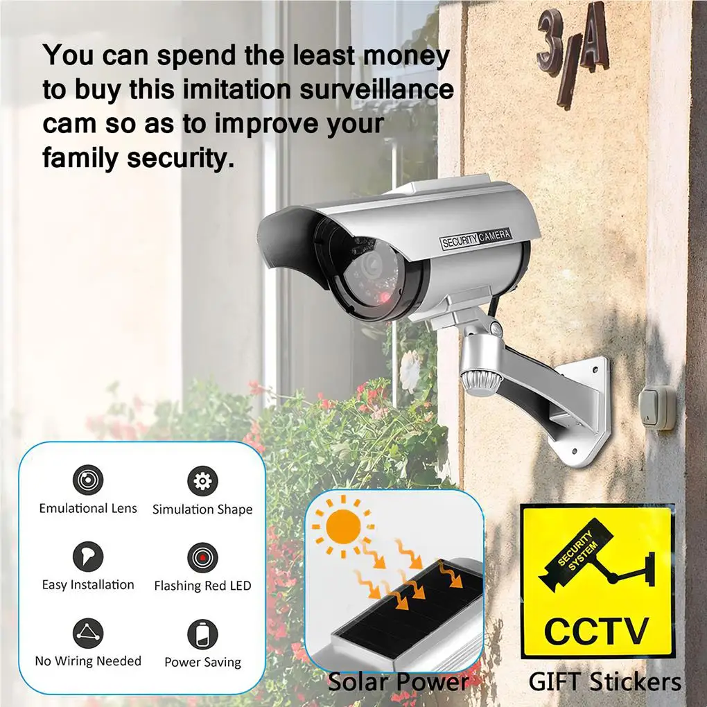

Dummy Security Camera Battery Solar Powered 360 Degrees Imitation Surveillance Cam with Red LED Monitor Indoor Garden