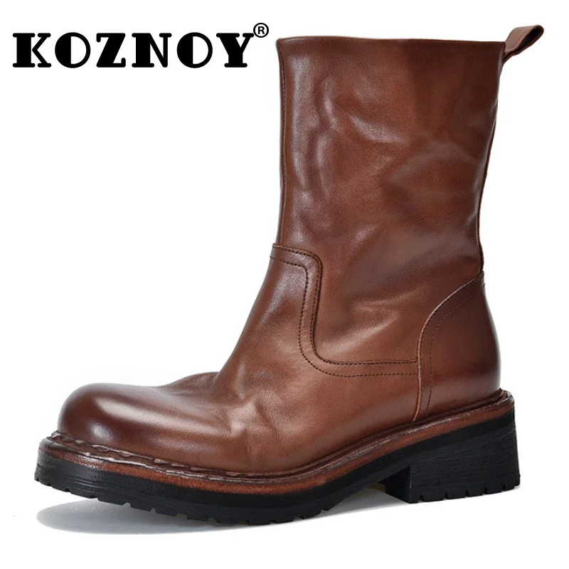 

Koznoy 5cm 2024 British Cow Natural Genuine Leather Fashion Flats Chelsea Chimney Ankle Boots Ladies Women Autumn Spring Shoes