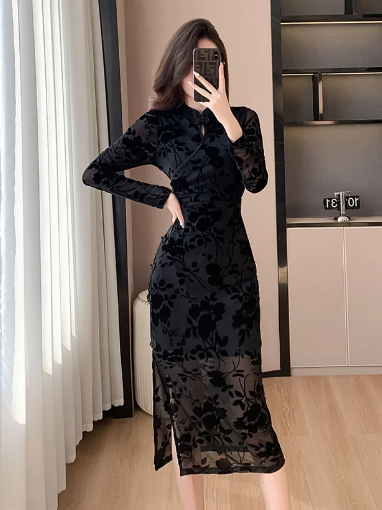 

Spring and Autumn Black Flocking Floral Luxury Long Dress Women Fashion Sexy Club Dress 2024 Korean Vintage Hepburn Dress