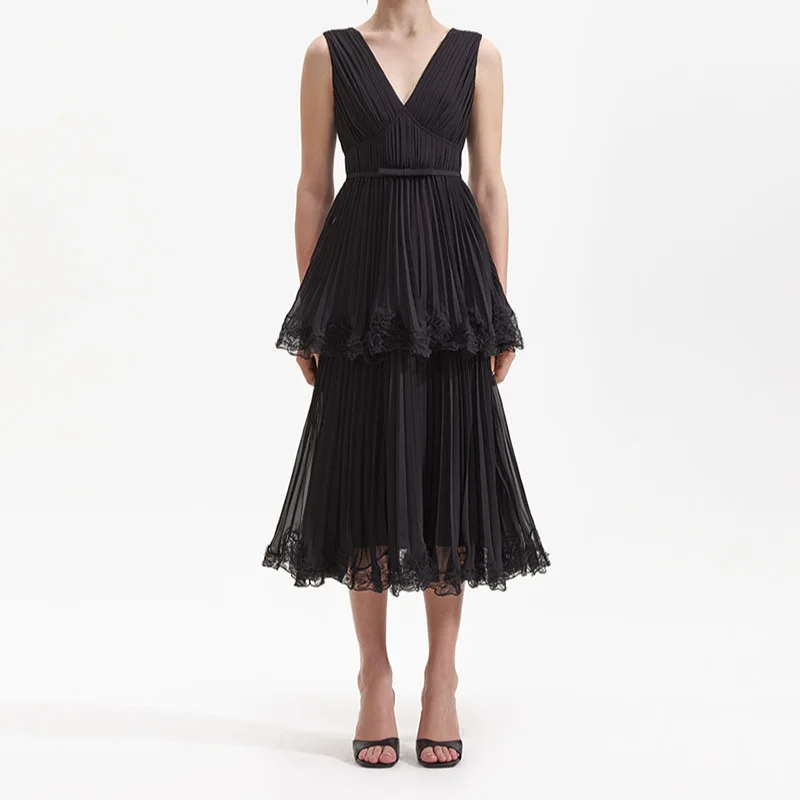 

Женское длинное платье с V-образным вырезом, Черное Шифоновое плиссированное платье без рукавов, лето 2024