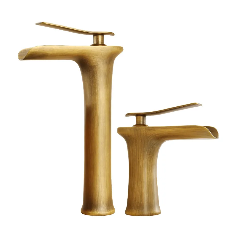 

Retro Brass Brushed Gold Faucet Waterfall Faucet Single Hole Mixer Tap Hot and Cold Water Washbasin Faucets Bathroom Sink Faucet