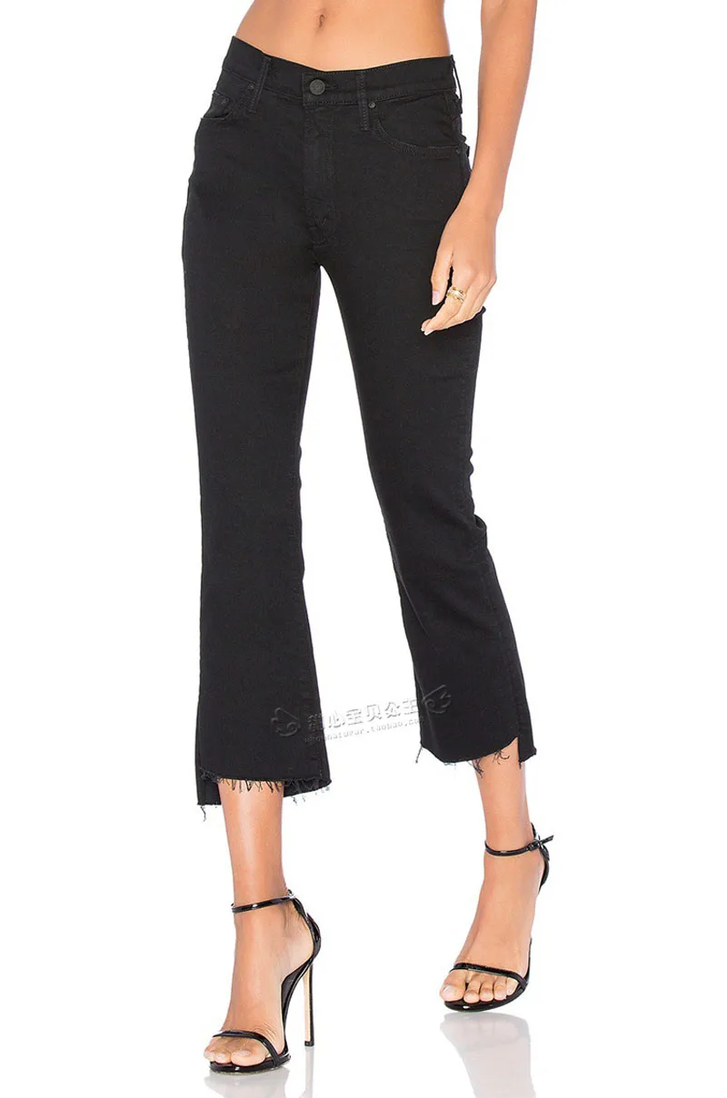 

Женские джинсы в стиле High Street, повседневные черные брюки до щиколотки с эффектом потертости, с завышенной талией и необработанными краями, микро расклешенные брюки, новинка 2023
