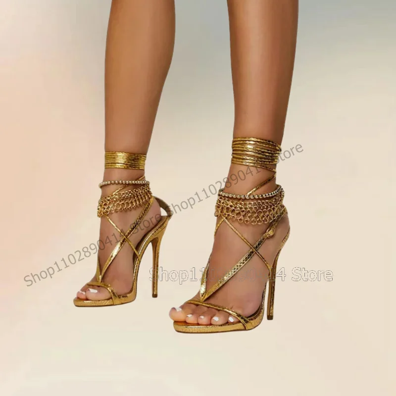 

Gold Chain Snakeskin Print Open Toe Twine Sandals Lace Up Women Shoes Thin High Heels Fashion Banquet 2024 Zapatos Para Mujere