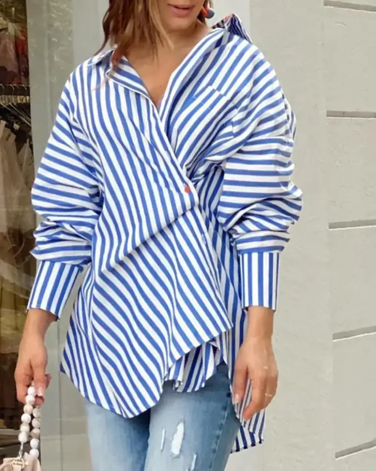 

New Fashion Woman Blouses 2024 Casual Striped Buttoned Ruched Asymmetrical Shirt Long Sleeve T Shirt Female Clothing