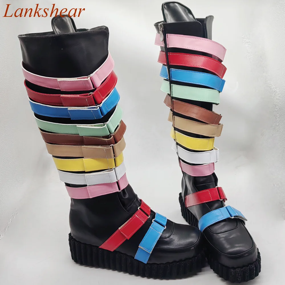 

Round Toe Mixed Color Women Boots Colorful Band Suede Leather Side Zipper Niche Design Thick Sole Knee-High Fashion Women Shoes