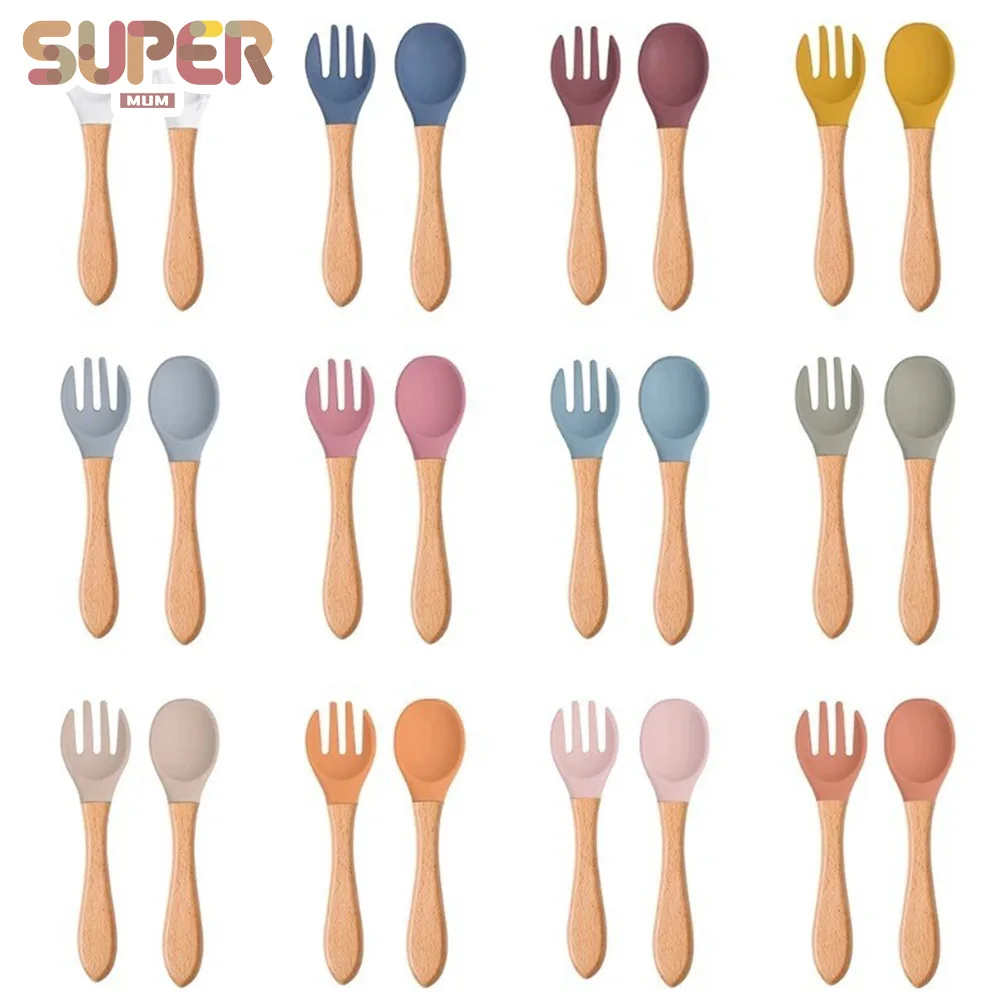 

2Pcs Silicone Baby Feeding Training Spoon Fork Set Wooden Handle Kids Utensils Toddlers Infant Eat Independently Acce Tableware