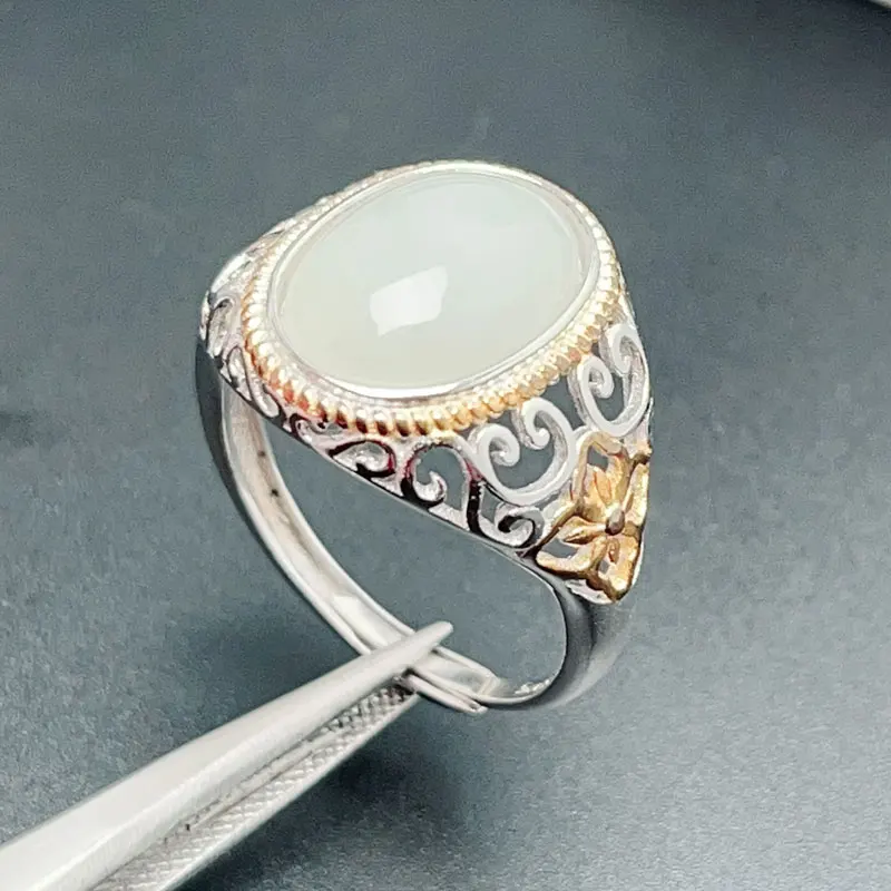 

Chinese Style Milk White Jade Ring 10mm*14mm 6ct Natural Jade 925 Silver Ring for Men 18K Gold Plated Silver Men Jewelry
