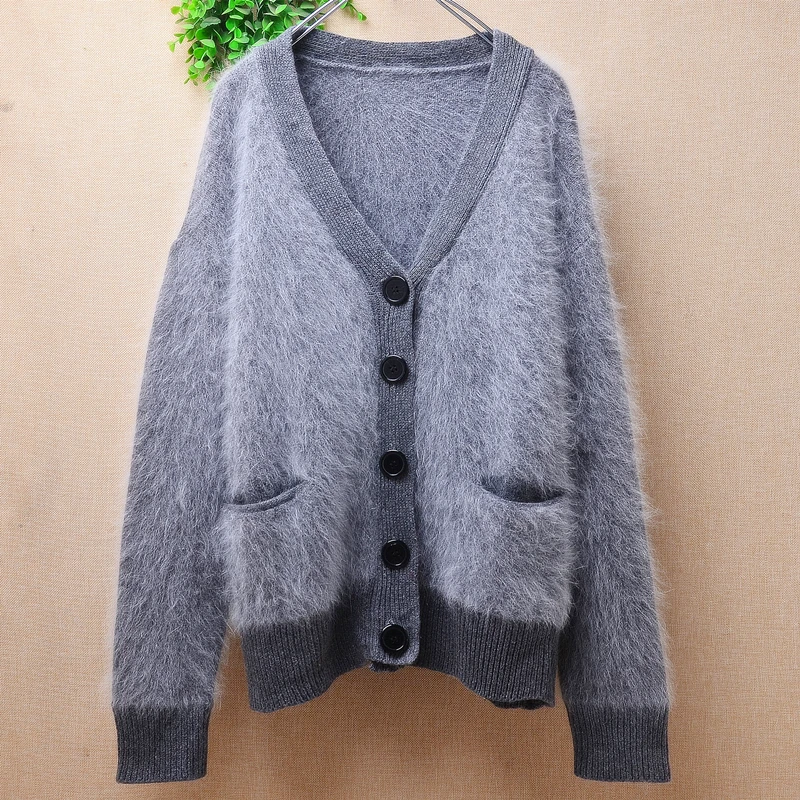 

Ladies Women Fall Winter Clothing Hairy Grey Angora Rabbit Hair Knitwear V-Neck Long Sleeves Loose Cardigans Jacekt Sweater Top