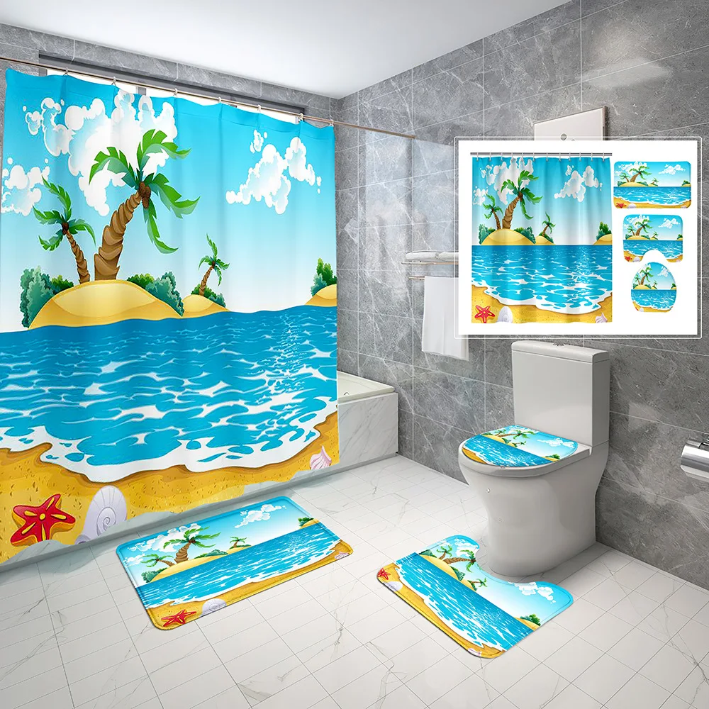 

Beach Shower Curtain Set Palm leaf Sea View Mediterranean Sea Waves Summer Sun ocean Printed Bathroom Decoration Set