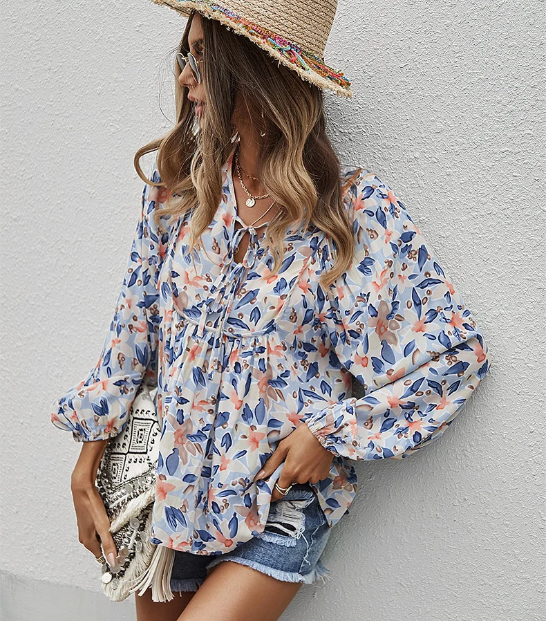 

TEELYNN Chic Boho Rayon Floral Print Womens Blouses Vintage 2022 Long Sleeve V Neck Shirt Beach Casual Loose Blusas Ladies Tops