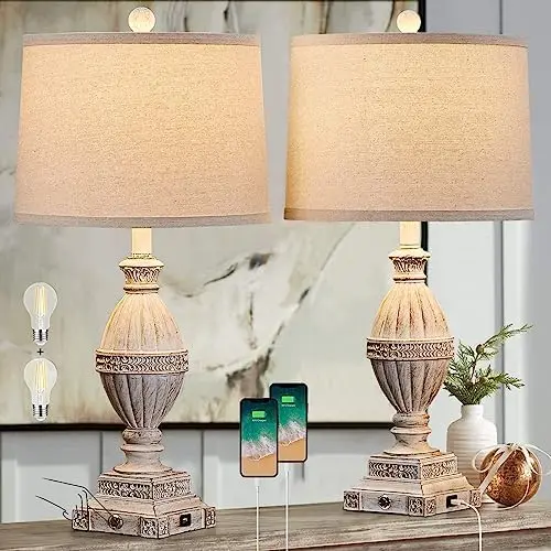 

Farmhouse Table Lamp for Living Room, Rustic Touch Bedside Table Lamp Set of 2 with USB Charging Ports,3-Way Dimmable Nightstand