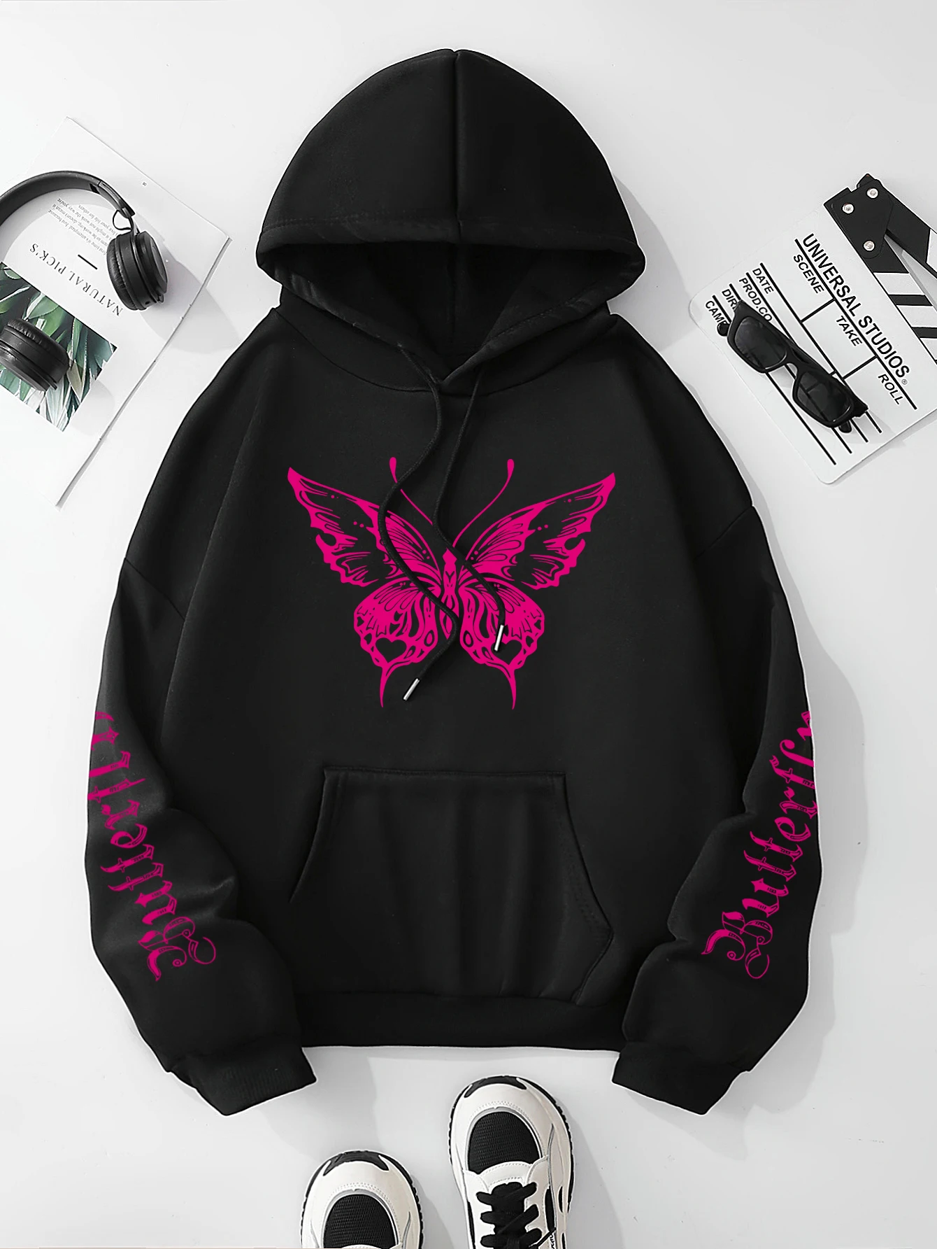 

Butterfly & Letter Print Drawstring Hoodie, Casual Long Sleeve Kangaroo Pocket Hoodie Sweatshirt, Women's Clothing