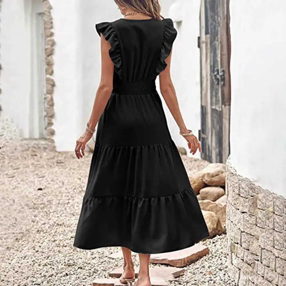 

Flying Sleeve Dress Elegant V-neck Ruffle Sleeve Midi Dress with High Elastic Waist A-line Hem Women's Summer Prom Commute Dress