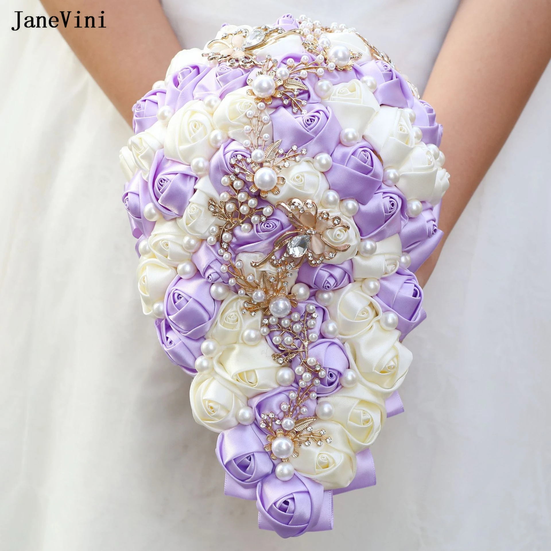 

JaneVini New Purple Ivory Cascading Flowers Waterfall Bridal Bouquets Pearls Artificial Satin Roses Wedding Bouquet Accessories