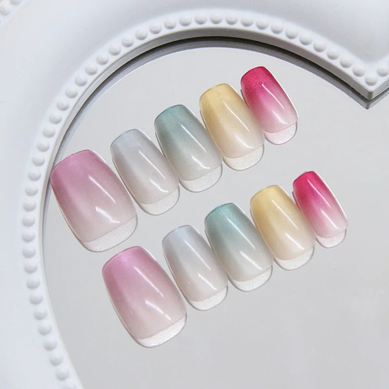 24PCS Dopamine Cat Eye False Nails Cute Colored Short Coffin Stick on Fake Nails Full Cover Simple Glossy French Nails Wearable 2 Sf2b6f653aa8d4e53800247afeaaf7572G
