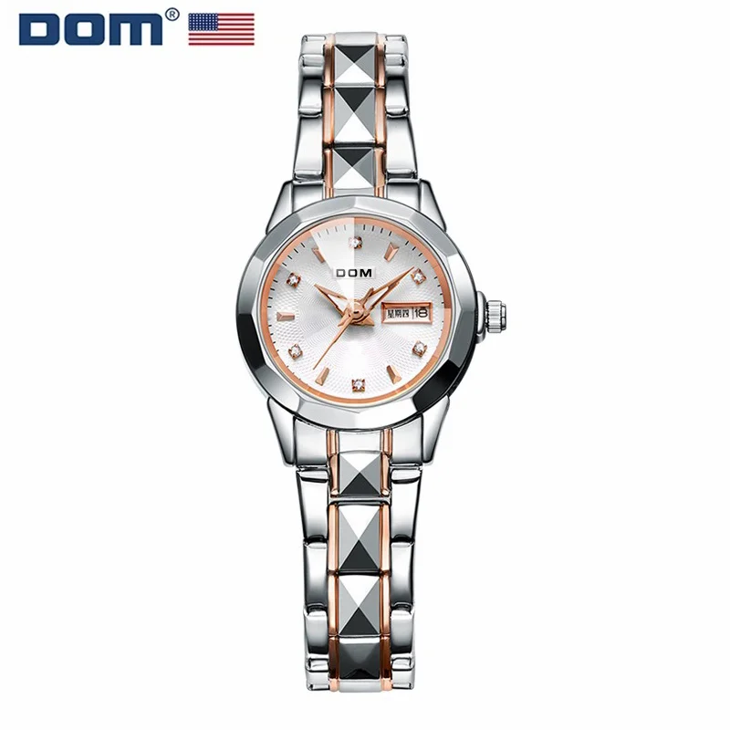 

DOM 1677GD Women Quartz Watch Silvery Rose Gold Luxury Fashion Date Analog Display Stainless Steel Strap Ladies Wrist Watches