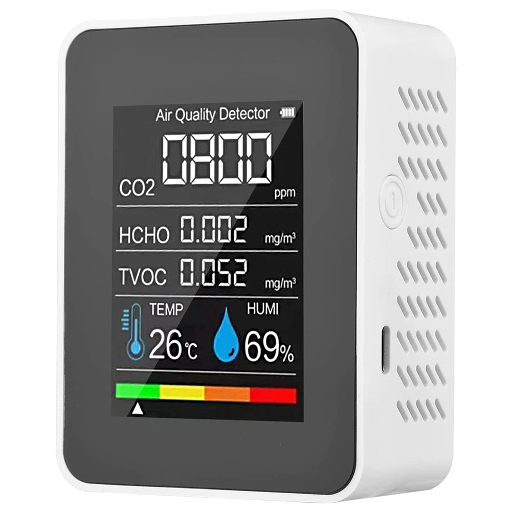 

5 в 1 монитор качества воздуха TVOC HCHO Измеритель температуры и влажности CO2, USB Перезаряжаемый детектор CO2 белый