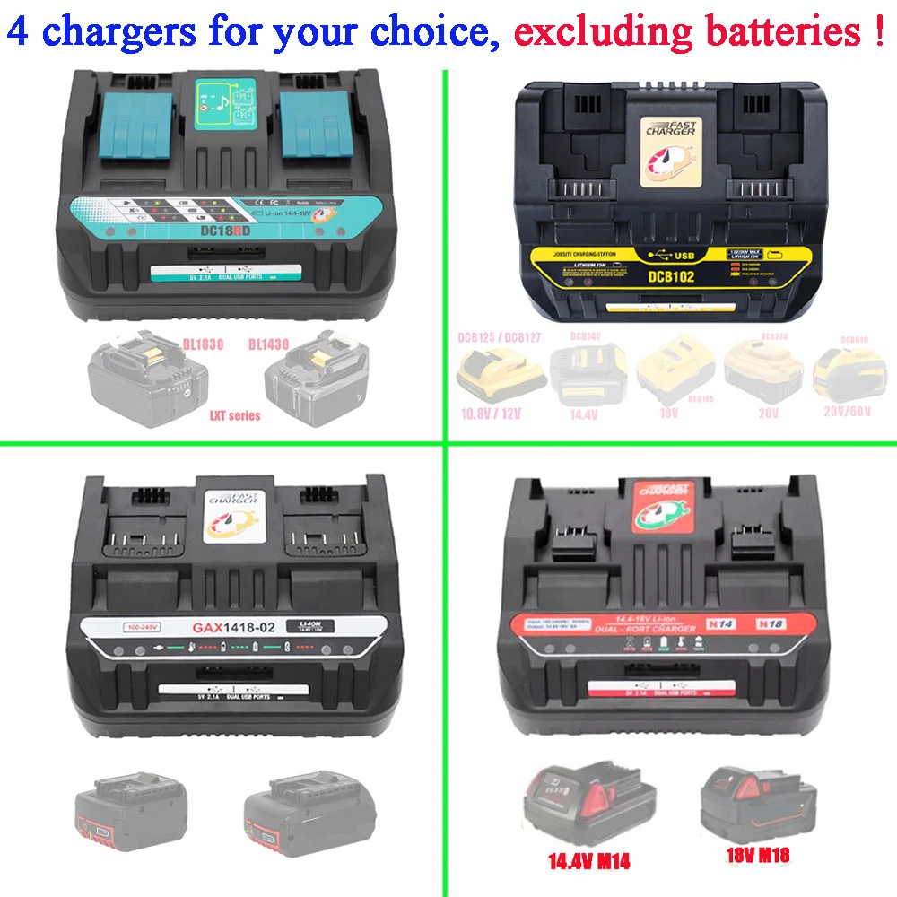 2 Port Li-Ion Battery Charger For Makita For Bosch For Dewalt For Milwaukee 14.4V 18V 20V DC18SF DCB102 BS1418 BL1830 AL1860
2 Port Li-Ion Battery Charger For Makita For Bosch For Dewalt For Milwaukee 14.4V 18V 20V DC18SF DCB102 BS1418 BL1830 AL1860