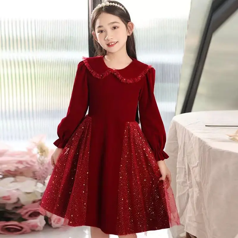 Girl's high-end velvet dress, red princess dress, host's performance costume, autumn and winter long sleeved
Girl's high-end velvet dress, red princess dress, host's performance costume, autumn and winter long sleeved