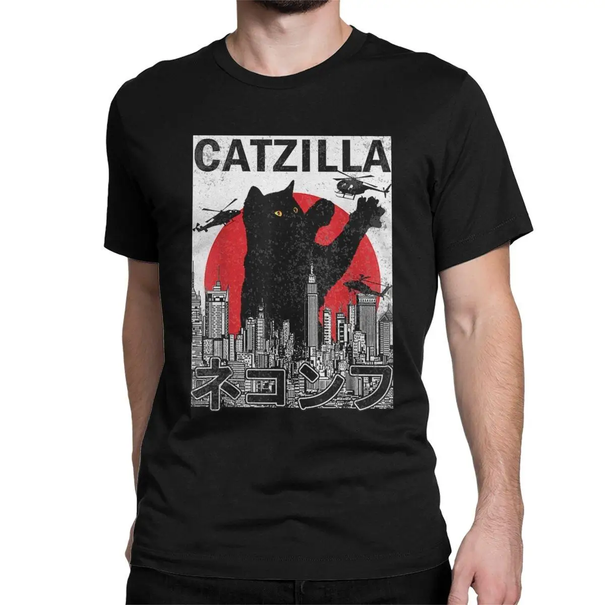 

Men Catzilla Japanese Vintage Sunset Style Cat Kitten Lover T Shirts Cotton Clothes Crew Neck Tee Shirt Gift Idea T-Shirt