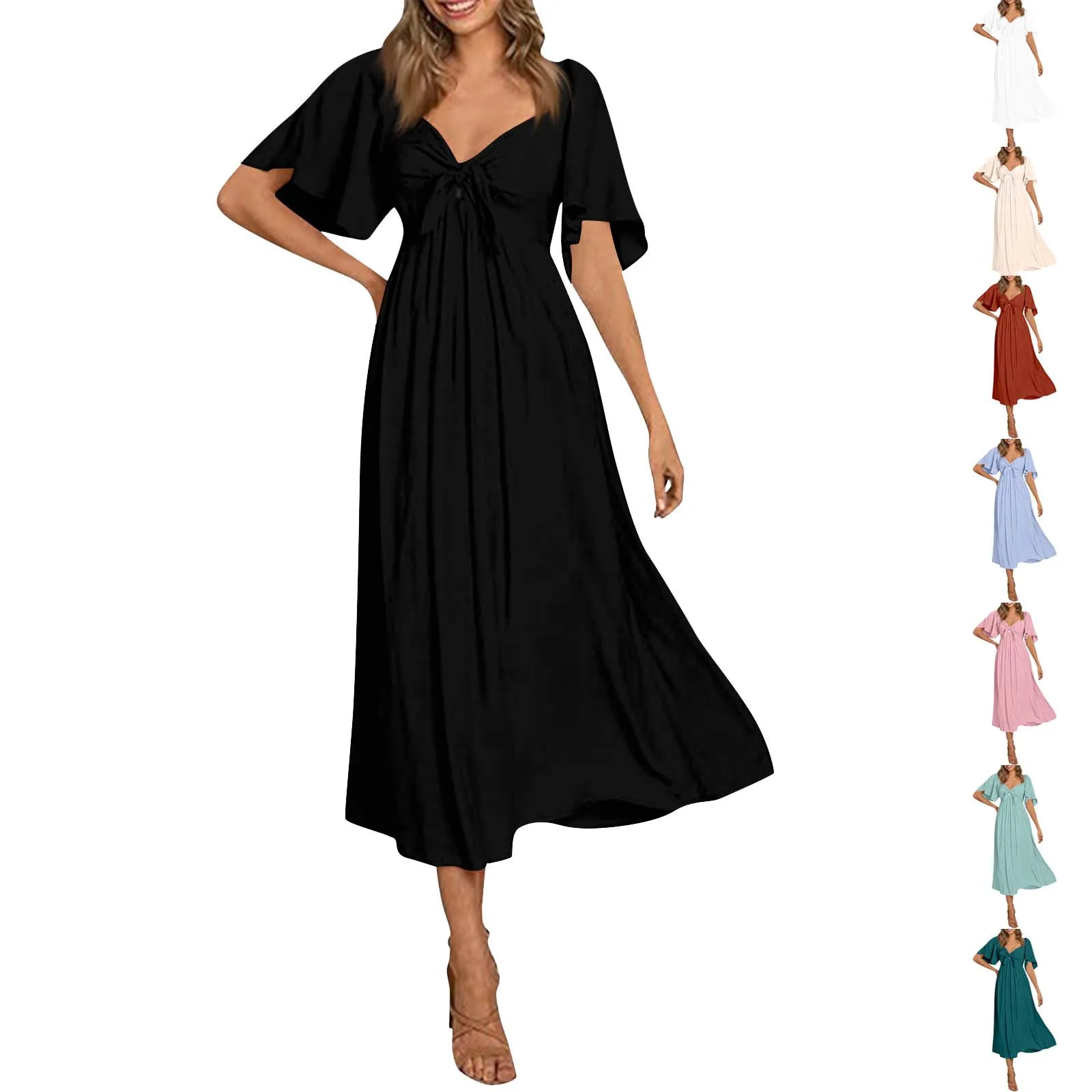 

Women's Casual Dresses Short Sleeve Tie V Neck Ruffled Midi Flowy Dress V Neck Short Sleeve Summer Maxi Dress فساتين طويلة