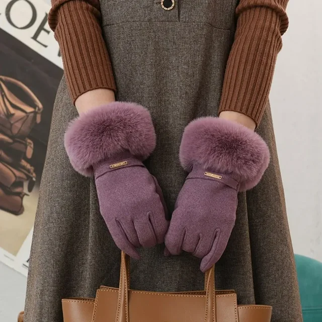 Gants épais en velours à écran tactile pour femmes, mitaines chaudes, fourrure de lapin, cadeaux élégants, hiver, 2024 2