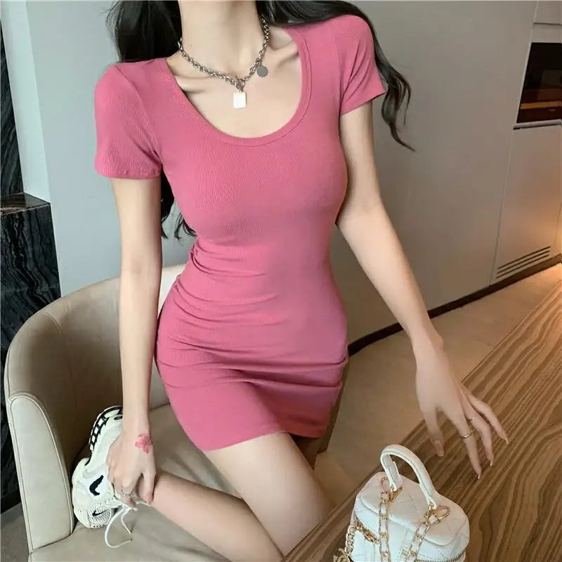 

Pure Desire Sexy Tight and Spicy Girl Dress Women's Summer 2024 New Square Neck Pink Waist Slimming Dresses Female Clothing