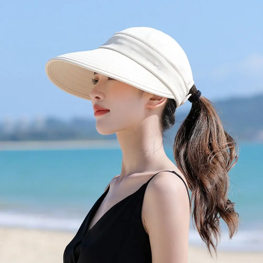 

Detachable Women Summer Sun Hat Casual Wide Brim Foldable Beach Cap Adjustable UV Protection Empty Top Ponytail Cap