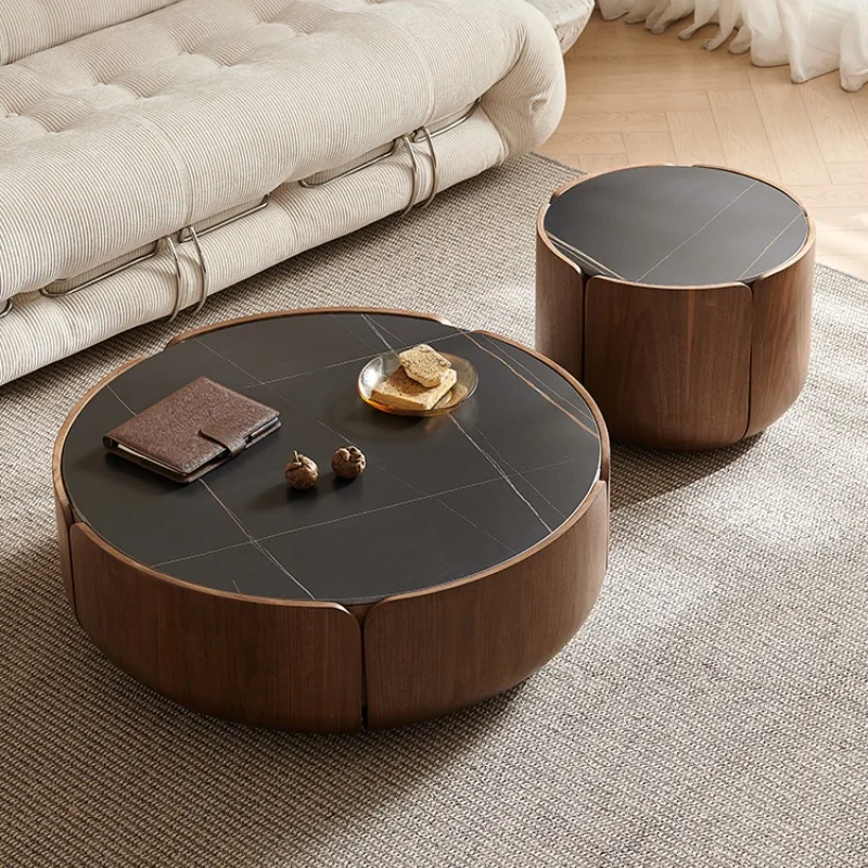 

Italian minimalist small unit living room with light luxury circular petals creative solid wood rock panel coffee table combinat