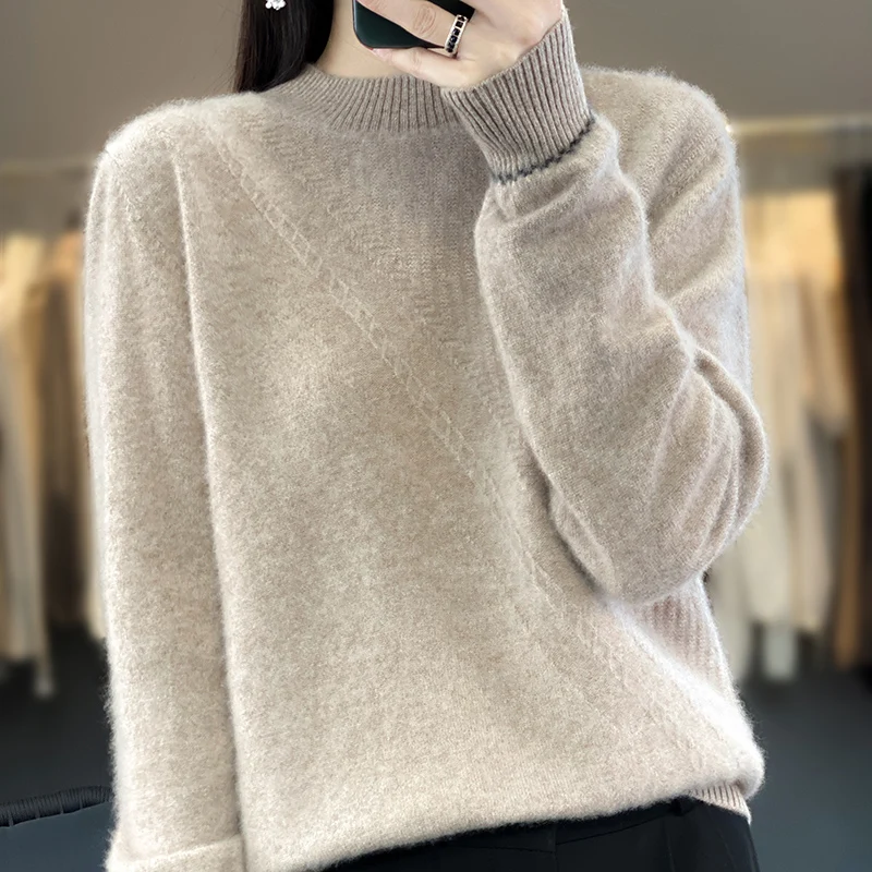 Autumn and winter new 100% merino wool semi-turtle neck women's knitted pullover solid color twill stitching pattern loose top
Autumn and winter new 100% merino wool semi-turtle neck women's knitted pullover solid color twill stitching pattern loose top