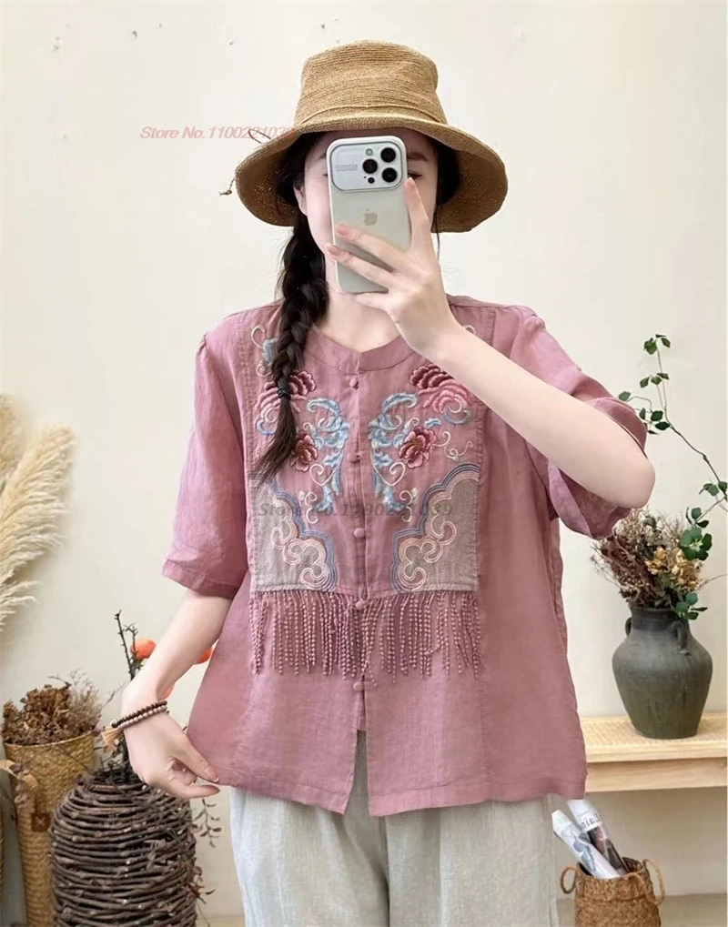 

2024 traditional chinese vintage blouse national flower embroidery 100% linen blouse oriental retro tea service loose blouse