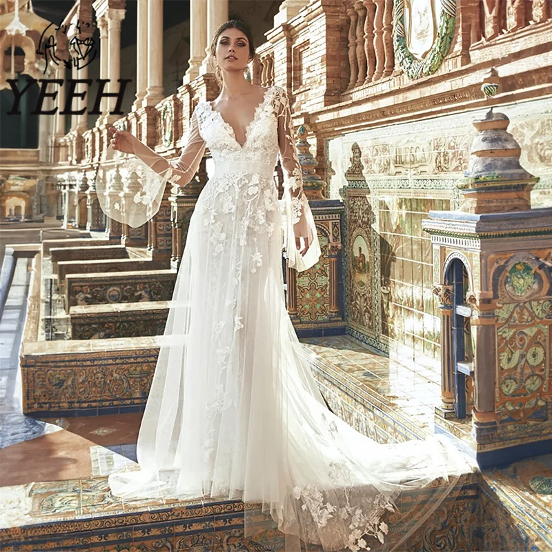 YEEH 3/4 Flared Sleeves Wedding Dress V-neck Lace Appliques Bridal Gown Elegant Open Back Court Train Vestido De Noiva for Bride
YEEH 3/4 Flared Sleeves Wedding Dress V-neck Lace Appliques Bridal Gown Elegant Open Back Court Train Vestido De Noiva for Bride