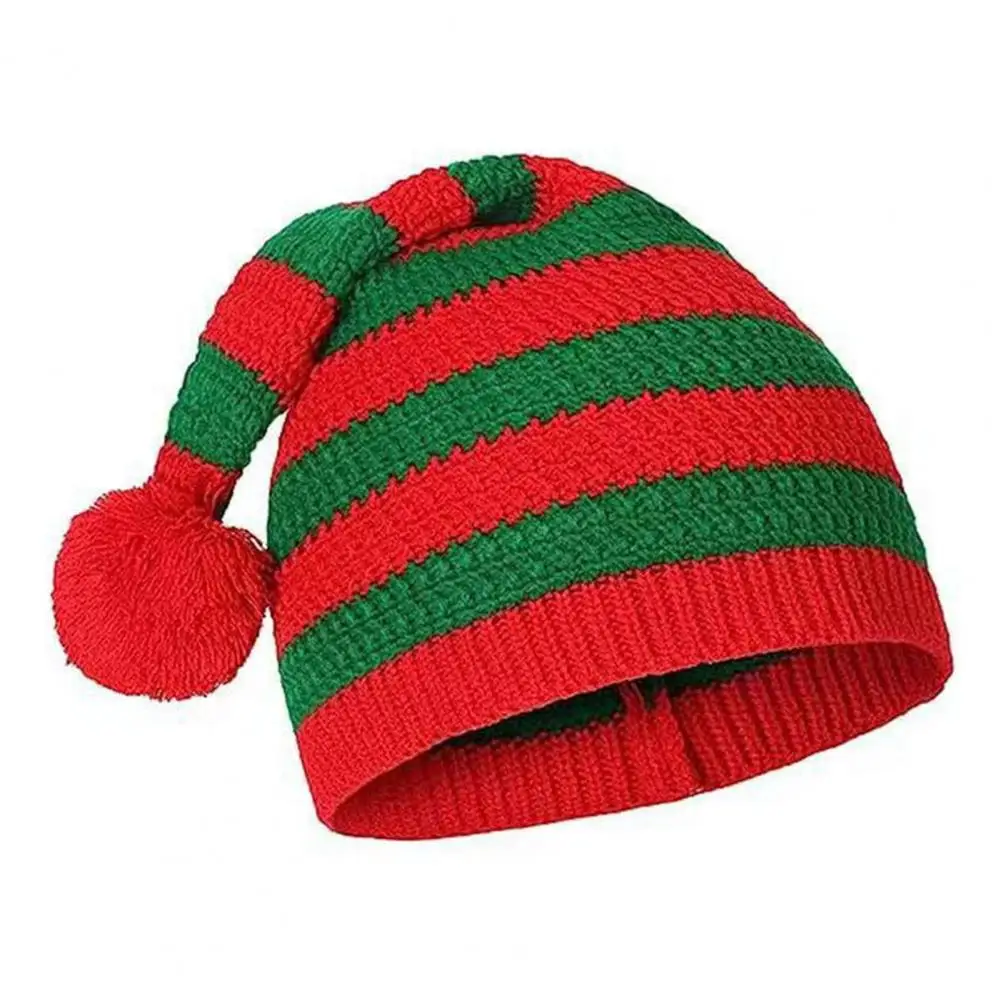 

Unisex Winter Santa Hat Knitted Striped Print Color Matching Plush Ball Elasticity Ear Protection Women Men Christmas Cap Beanie