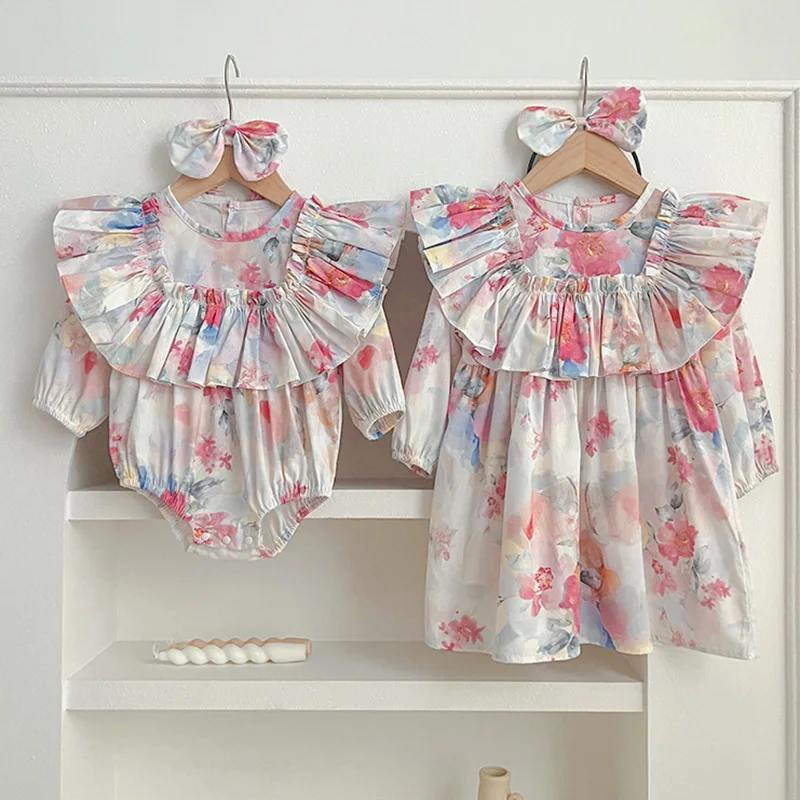 

Новинка 2024, весеннее платье для девочек 1-5 лет, женское Хлопковое платье с длинным рукавом и цветочным принтом, одежда для сестры, детские платья принцессы, комбинезон для маленьких девочек