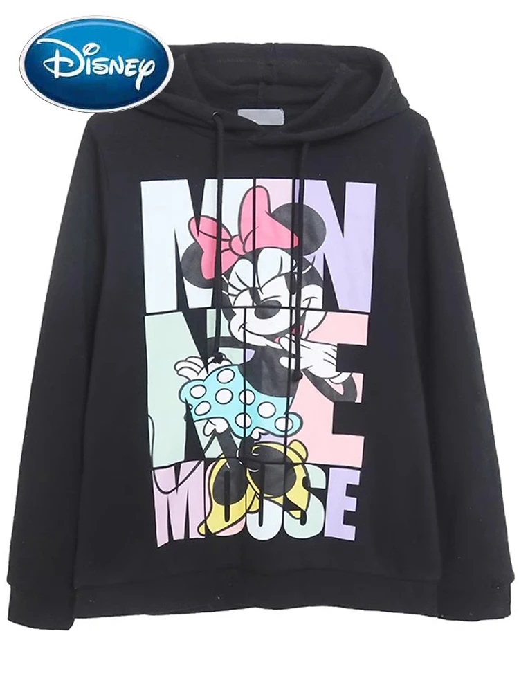 

Disney Black Sweatshirt Letter Minnie Mouse Cartoon Print Sweet Women Long Sleeve Hooded Pullover Jumper Fleece Tee Tops Femme