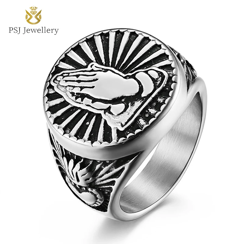 

PSJ Fashion Jewelry High Polished Wedding Band Praying-Hand Design Silver 18K Gold Plated Titanium Stainless Steel Rings for Men