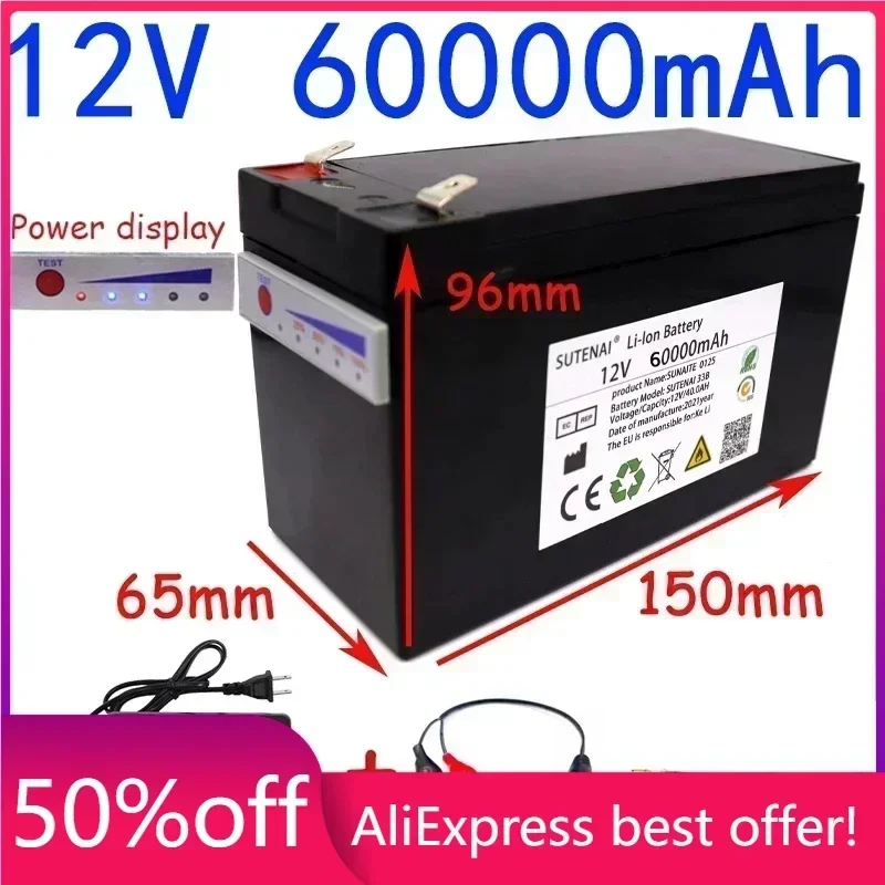 

12V 60Ah 18650 li-ion battery pack 60000mAh 12.6V for Sprayer device backup power ups surveillance camera With 20A Balanced BMS