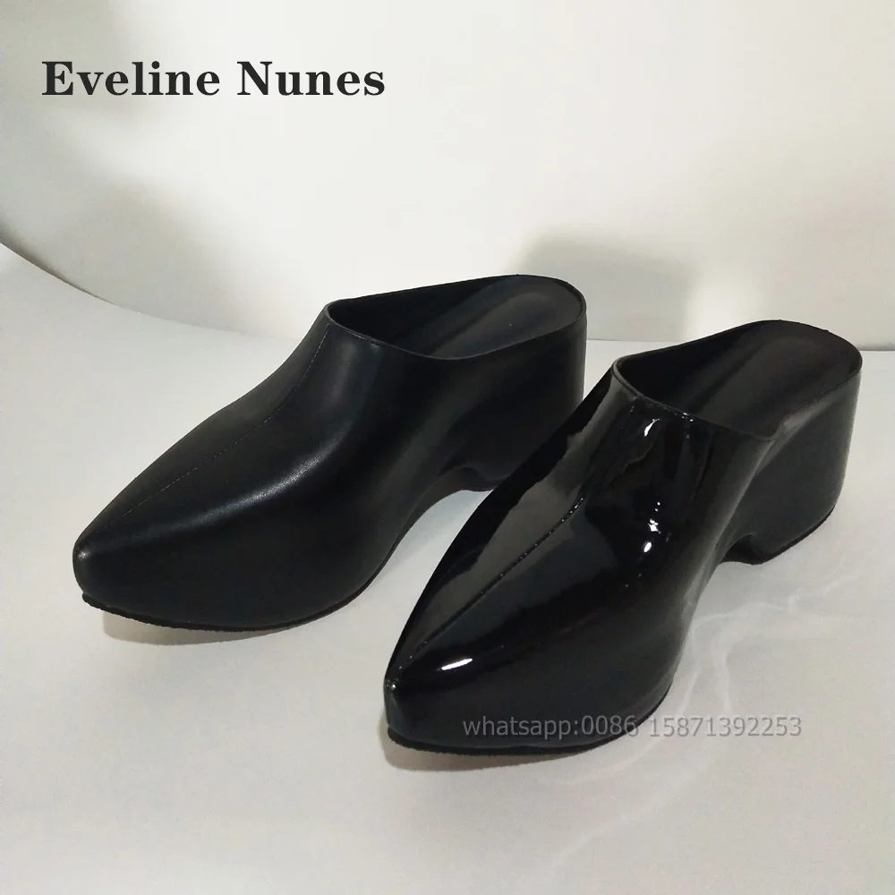 

Patent Leather Platform Black Slippers Pointed Toe Height Increasing Slip On Shallow Women Sandals Solid Big Size Casual Shoes