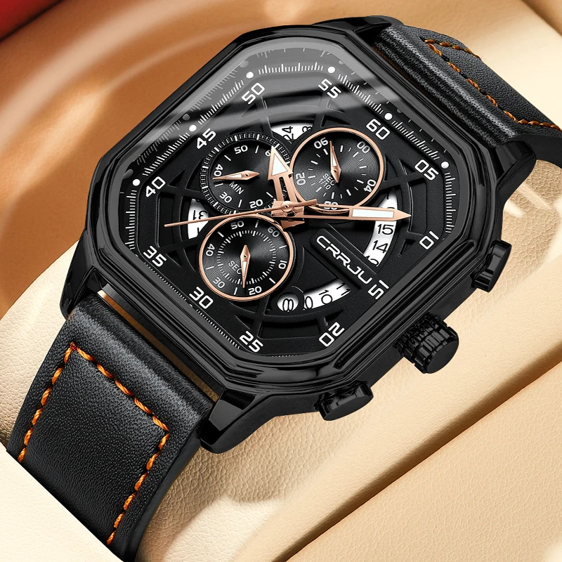 

CRRJU New Luxury Man Watch High Quality Waterproof Chronograph Luminous Men's Wristwatch Leather Men Quartz Watches Casual Clock