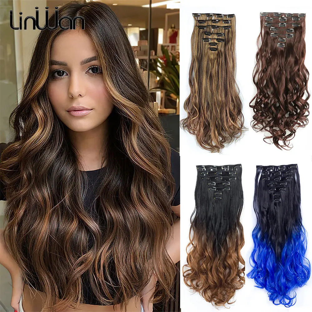 

linwan 22Inch Synthetic Long Curly 16Clips Clip In Hair Extensions Body Wave Hairpiece 7Pcs Resistant Fiber Ombre Blond Women