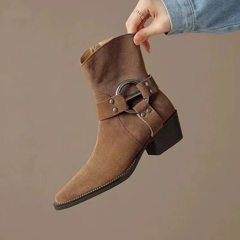 

New Brown Suede Women Western Boots Pointed Toe Autumn Ankle Botas Strap Buckle Square Toe Lady Riding Botines Femininos