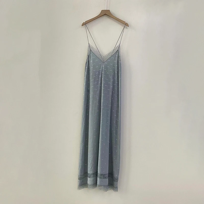 

Zadig Women Camisole Long Dress Sexy Lace Fashion Long Robe Female Casual Summer Jacquard Rhinestone Wings Blue Camisole Robes