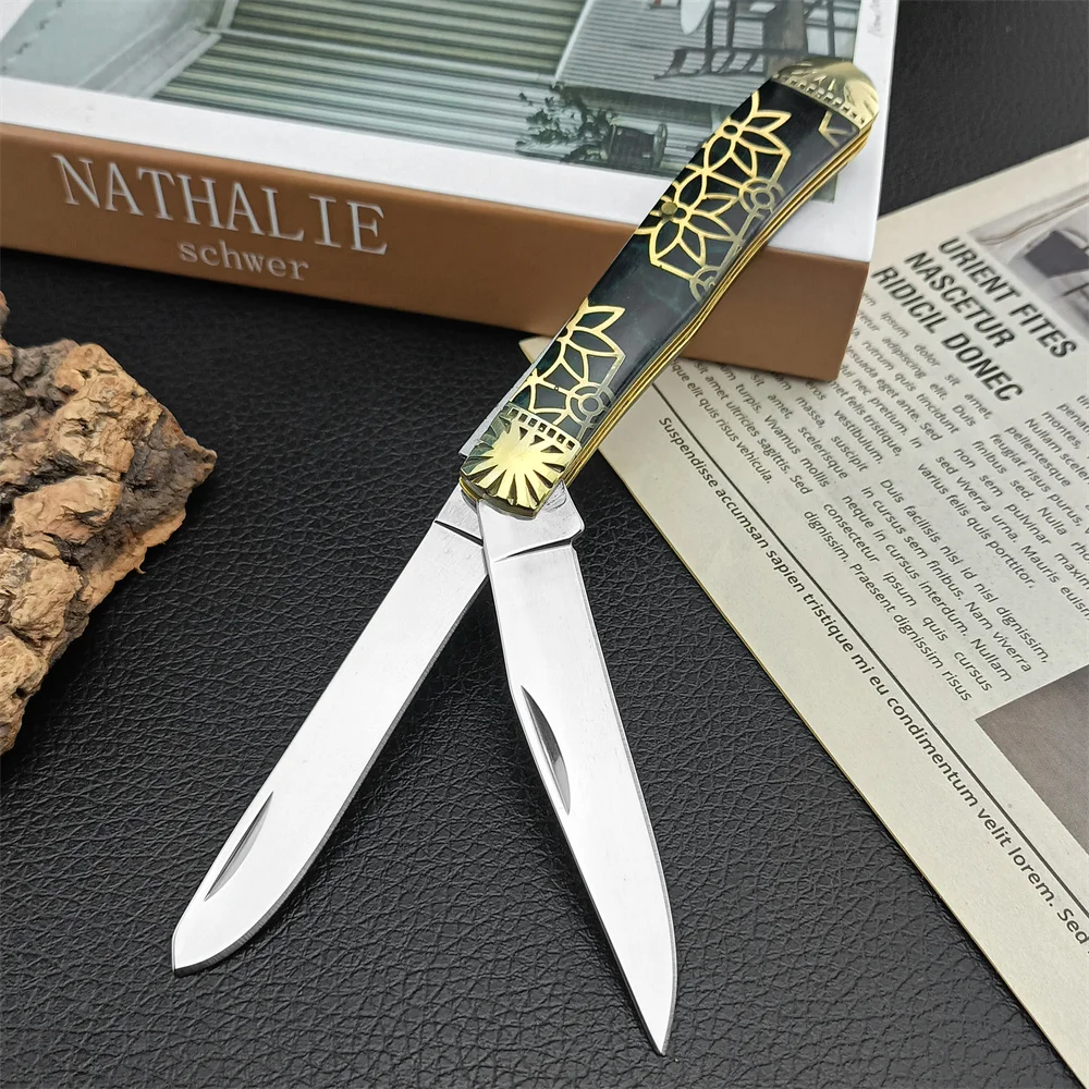 

Outdoor Black Trapper XK-411 Pocket EDC Folding Knife 440C Two Blades Brass+resin Handle Utility Camping Fruit Knives Multi Tool