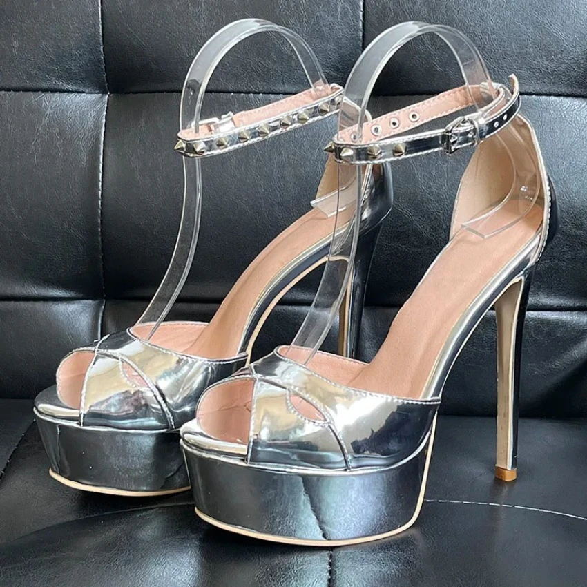 

2024 Handmade Women Summer Platform Sandals Ankle Wrap Sexy Stiletto Heels Peep Toe Pretty Silver Party Shoes Size 35 47 52