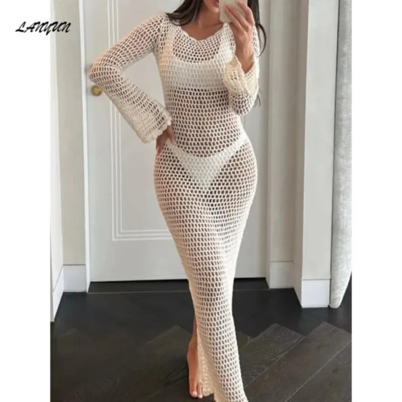 LANMU Solid Hollow Backless Lace Up Cover Ups Women Long Sleeve Round Neck Maxi One Pace Dresses Summer Female Beach Robe
LANMU Solid Hollow Backless Lace Up Cover Ups Women Long Sleeve Round Neck Maxi One Pace Dresses Summer Female Beach Robe