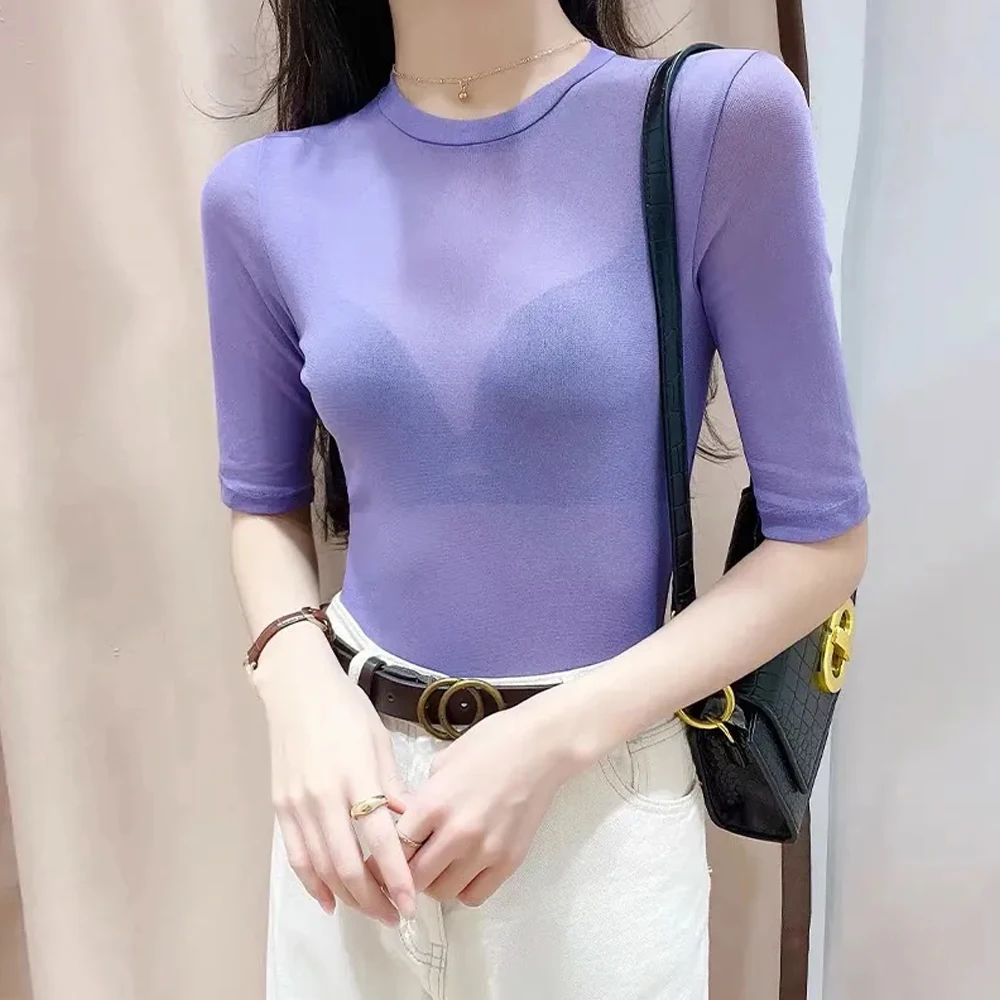 Women Summer Black White Coffee Purple Colors T-shirt Size S-XL Transparent Mesh Shirt Short Sleeve O-neck Thin Female Blouses
Women Summer Black White Coffee Purple Colors T-shirt Size S-XL Transparent Mesh Shirt Short Sleeve O-neck Thin Female Blouses